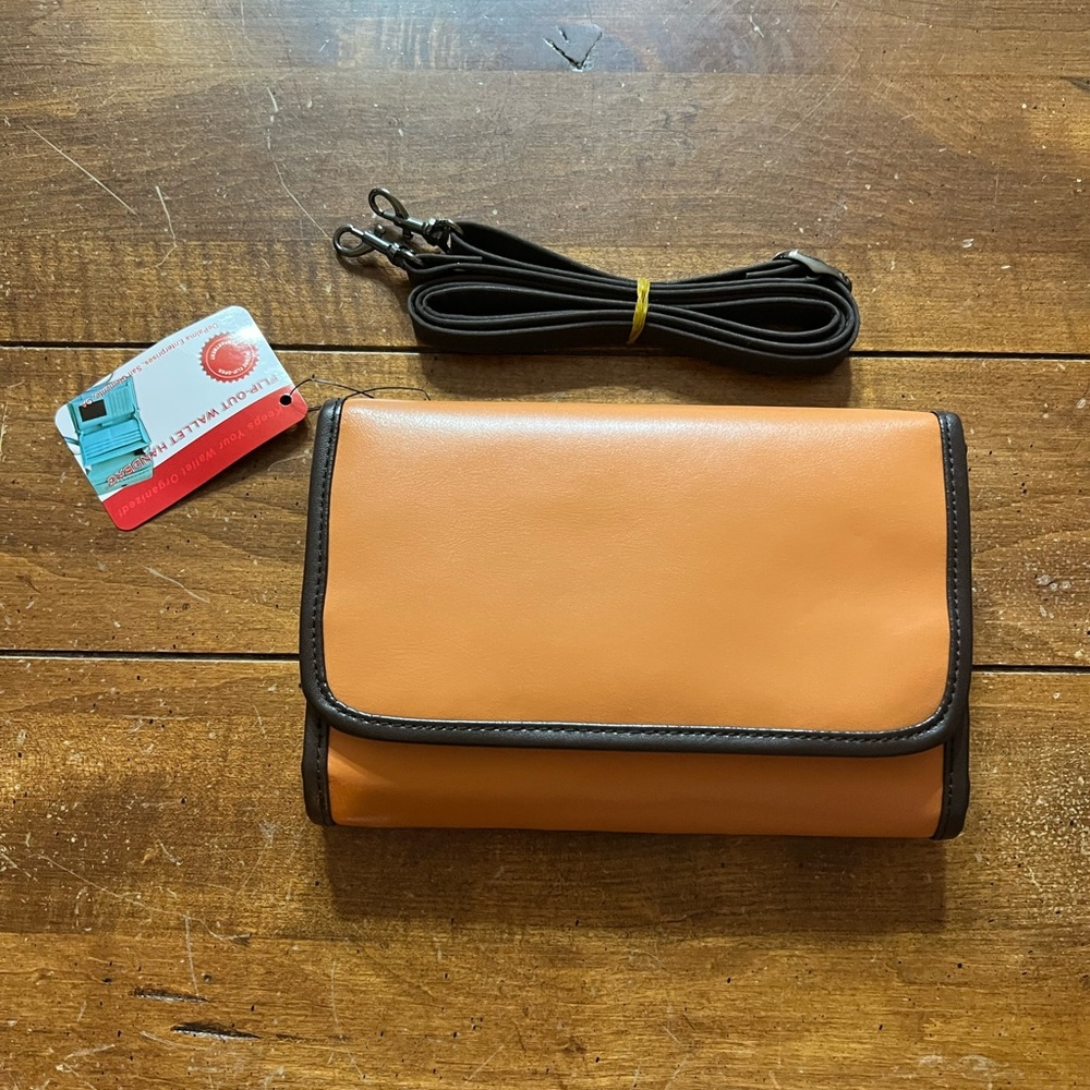 Brand new camel Flip-out crossbody wallet handbag